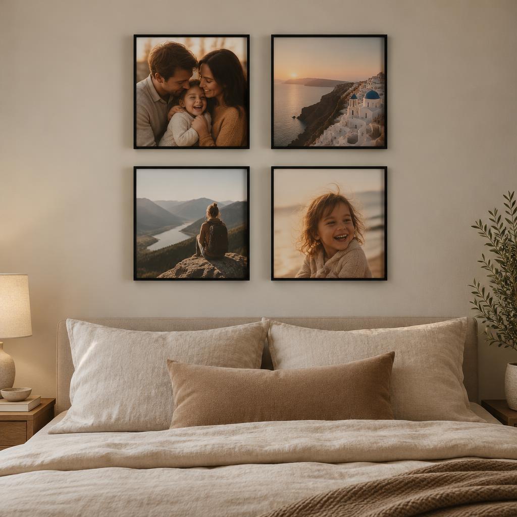 Quatro FrameU Tiles 50×50 pretos num quarto