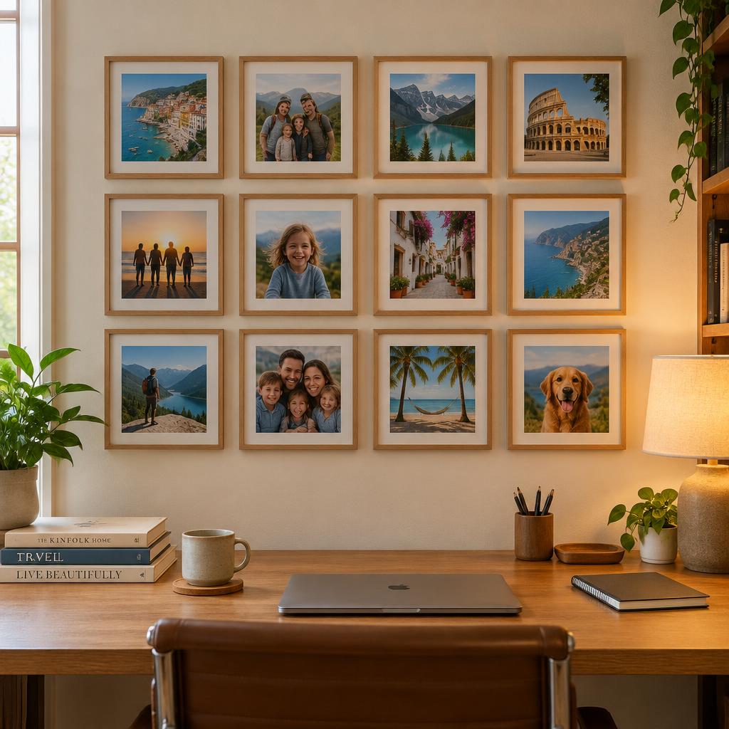 Escritório com 12 quadros FrameU com fotografias