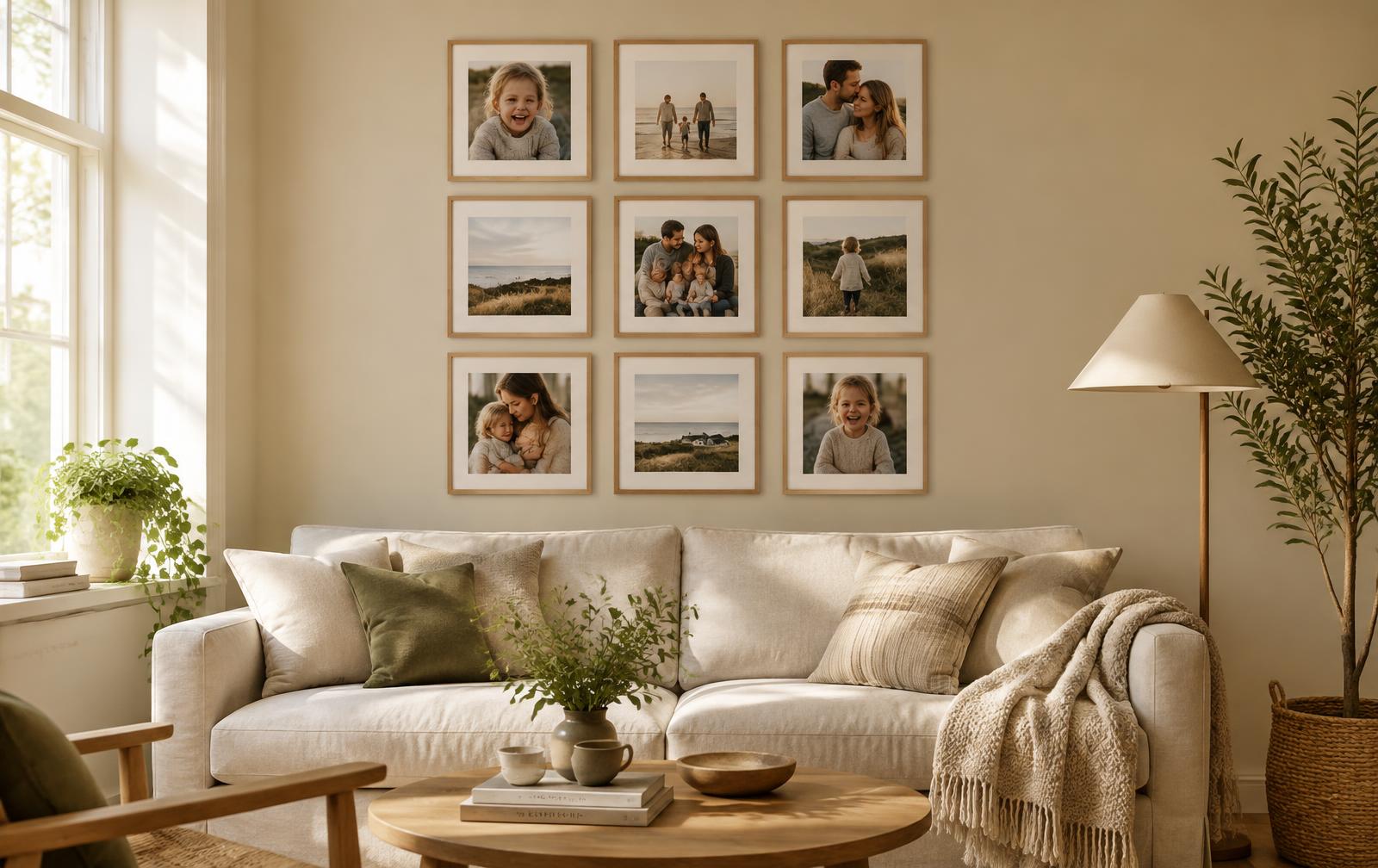 Sala com 9 quadros FrameU com fotografias